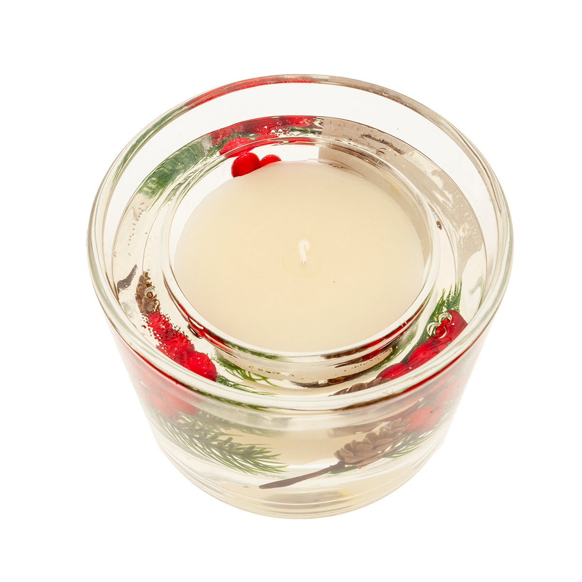 Barattolo di candela in gel decorativo con agrifoglio