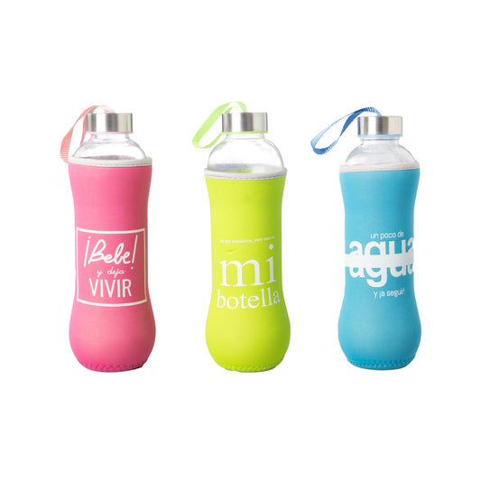 Botella cristal 7x7x25 600ml frase verde